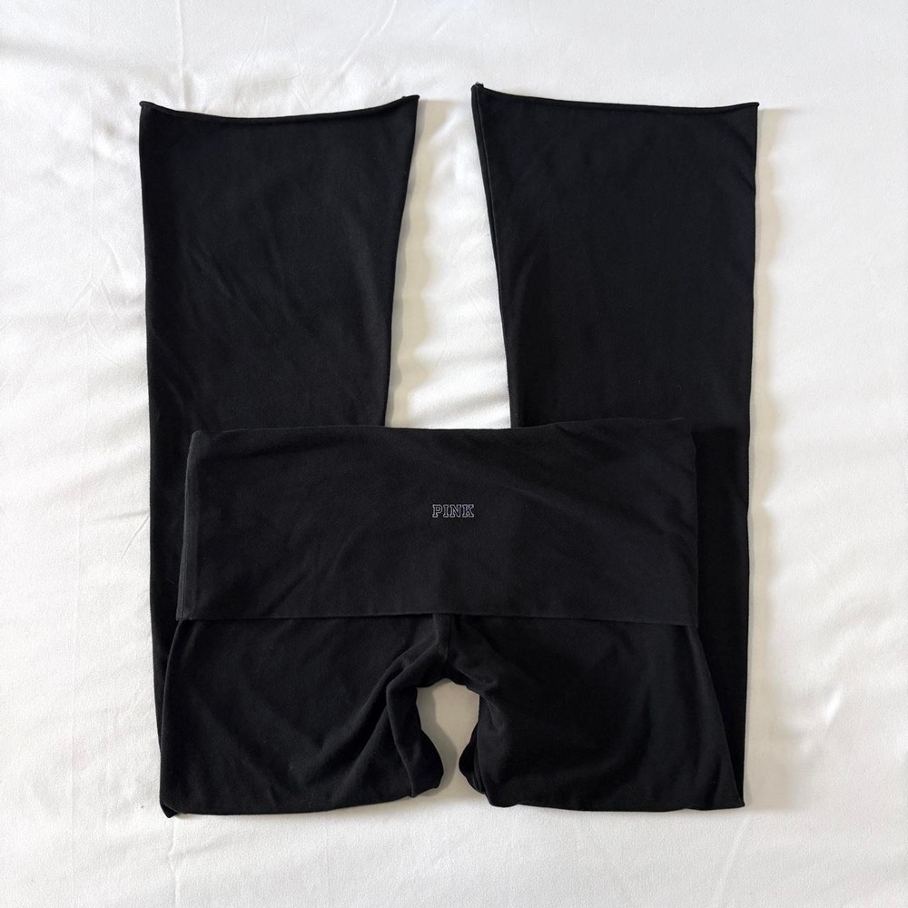 Victoria Secret Pink Foldover Flare Yoga Pants Women Medium Black Y2K Vintage - Picture 2 of 8